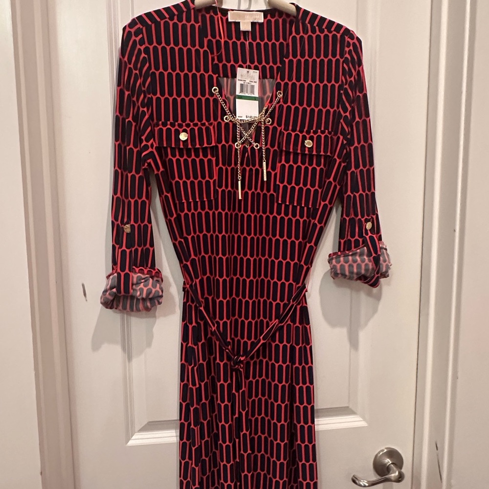 Michael Kors Navy Blue and Red Geometric Long Sleeve Dress